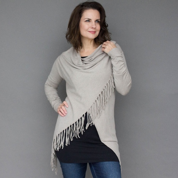 Fringe criss cross cardigan with cowlneck - Picture 2 of 2